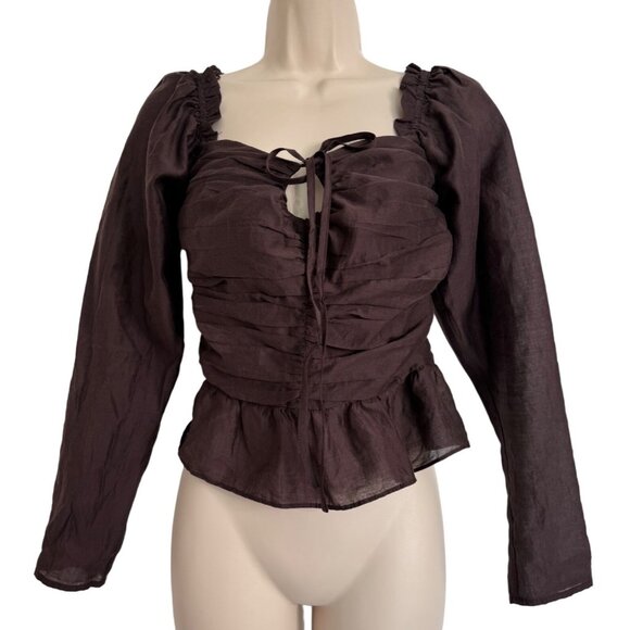 Wayf Cropped Brown Blouse Rushed Lined bodice Size Medium Long Sleeve NWT - Picture 11 of 11